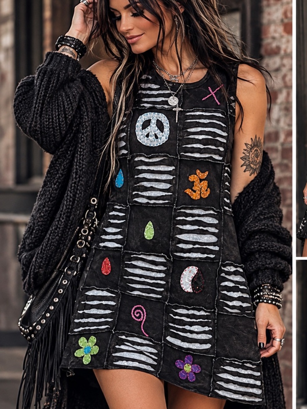 Rhea Distressed Patchwork Boho Mini Dress – S/M – NWT